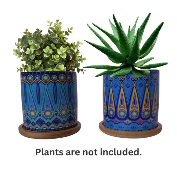 Succulent Pots 3 inch Mandala Boho Blue Ceramic with Bamboo Trays 2 Pcs Set - Picture 1 of 8